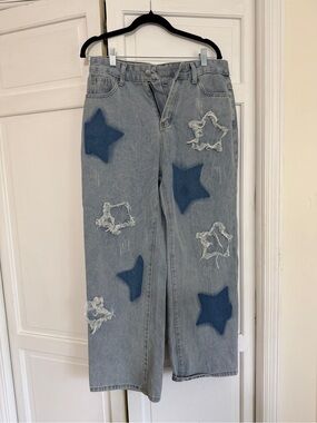 Women's Light Blue Star Patch Wide-Leg Jeans
